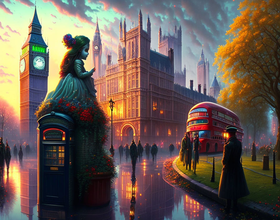 London-themed artwork featuring woman by phone booth & iconic elements at twilight