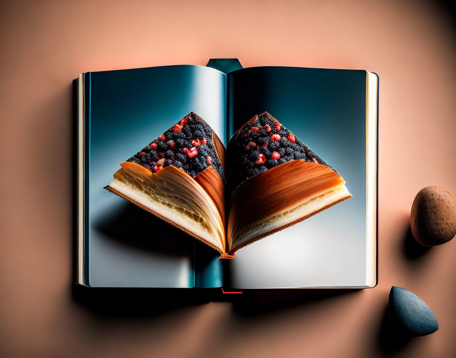 Open book designed as a cake with berries on brown surface