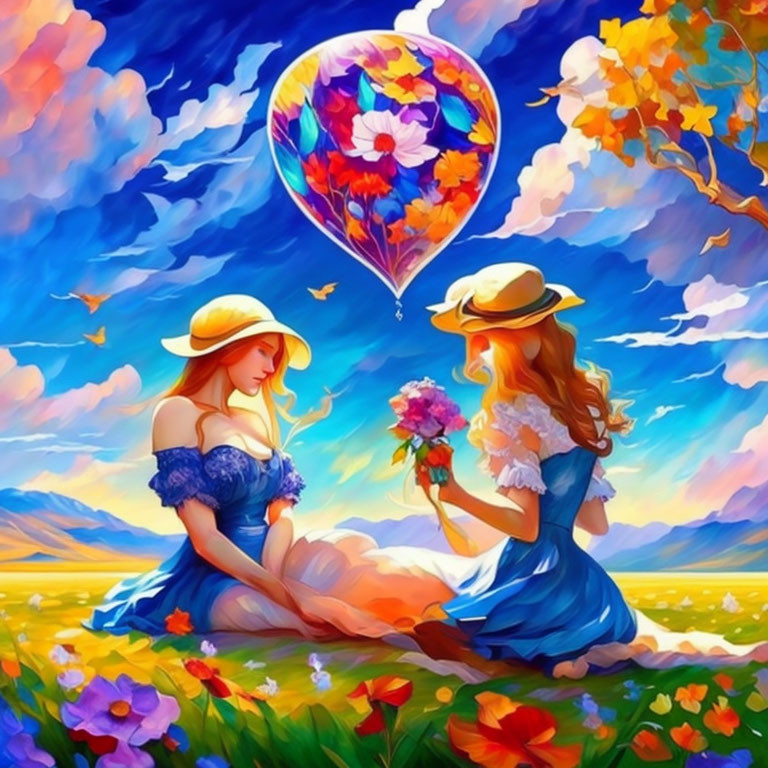 Women in dresses and hats in colorful meadow with hot air balloon sky