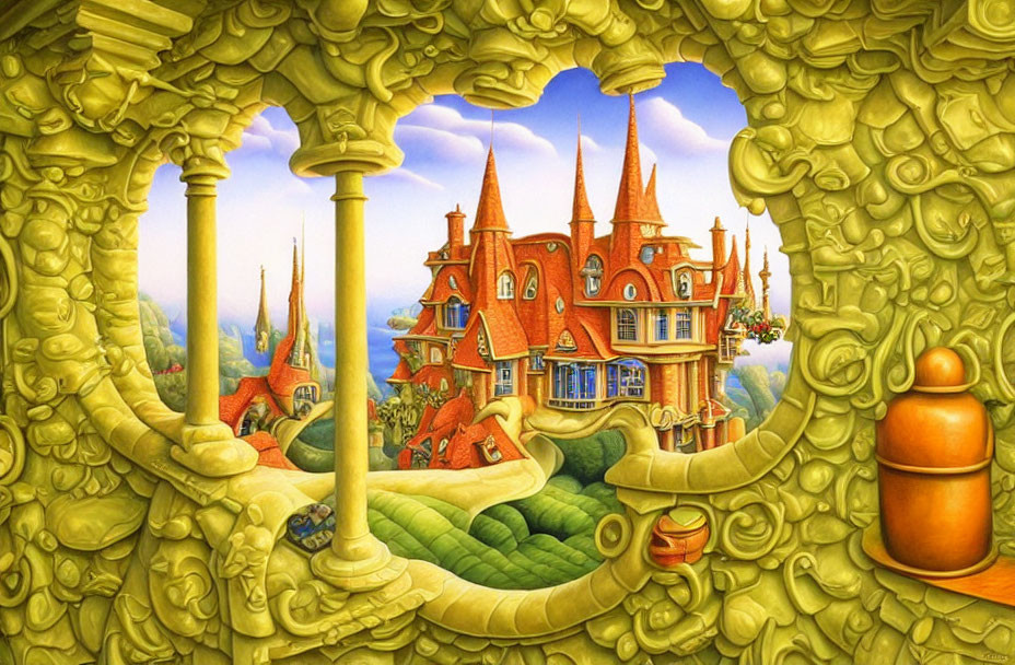 Vibrant fantasy landscape with golden structure and whimsical houses.