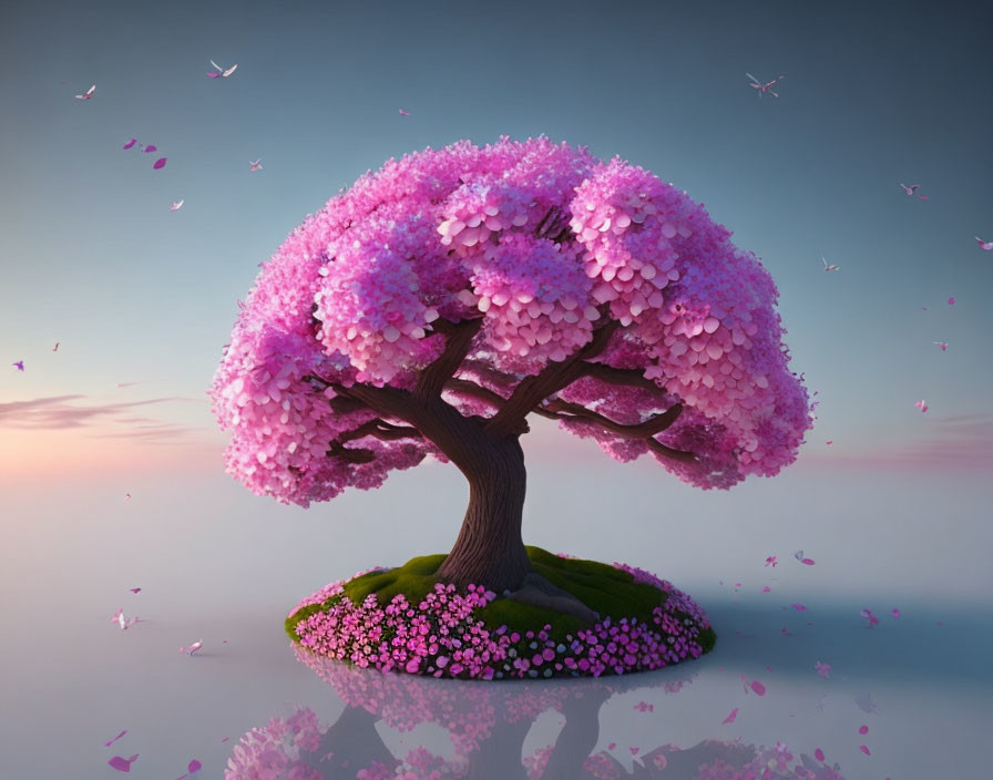 Cherry Blossom Tree on Grassy Island with Pink Petals Falling