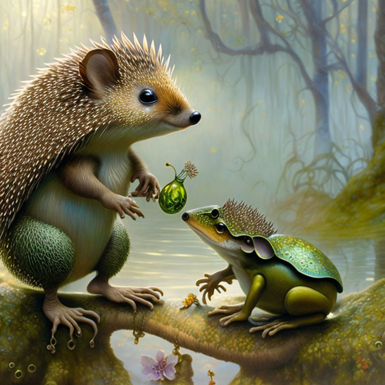 Anthropomorphized hedgehog offers green potion to frog on forest branch