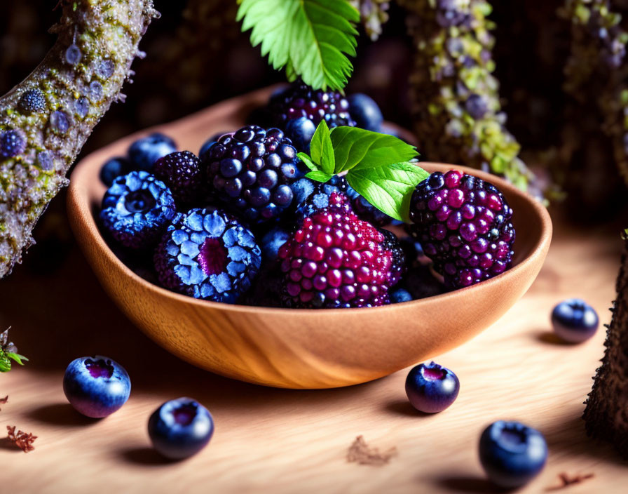 Wooden bowl with ripe blackberries and blueberries on wooden surface