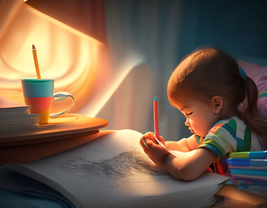 Child drawing with colored pencils near lit candle and cup