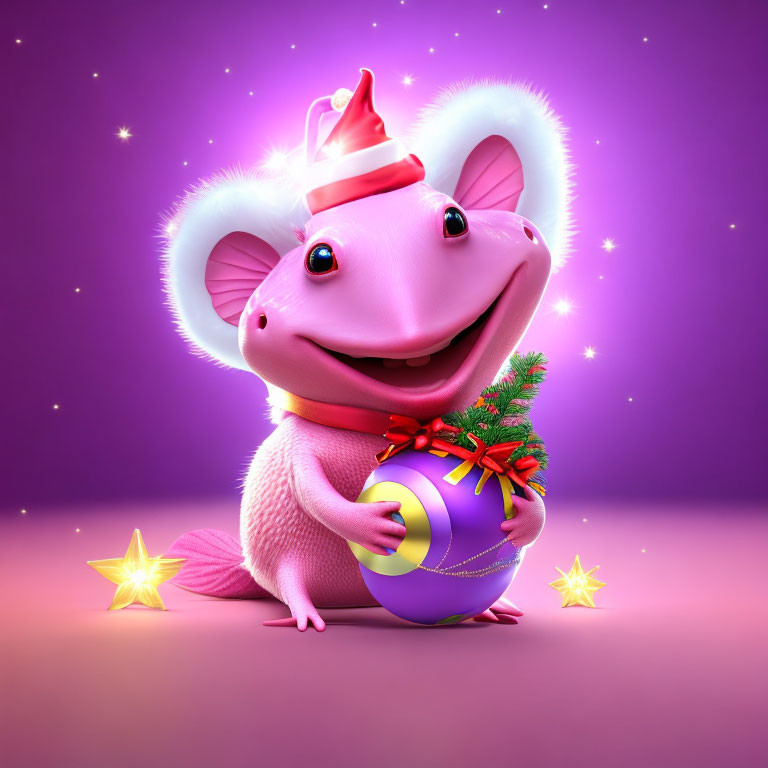 Cheerful animated mouse with Santa hat and Christmas tree on purple backdrop