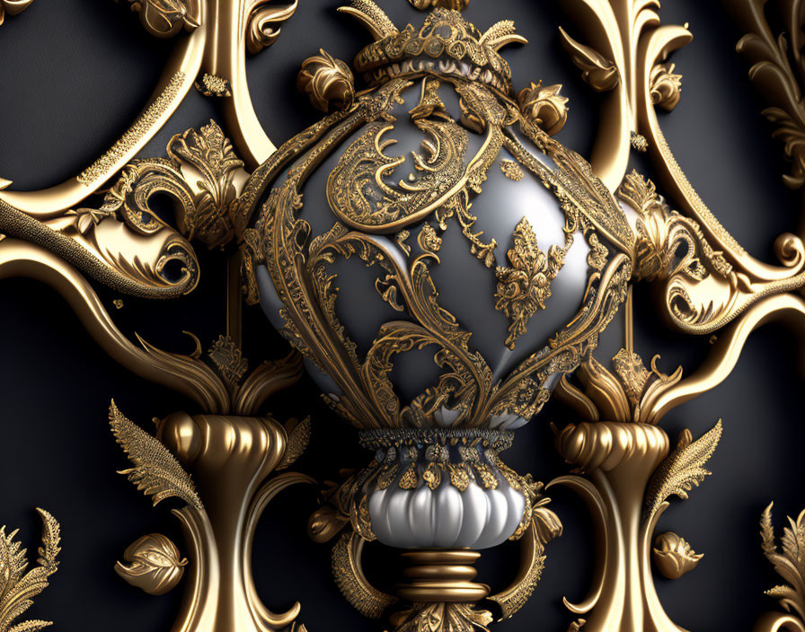 Intricate Baroque golden ornament on dark background
