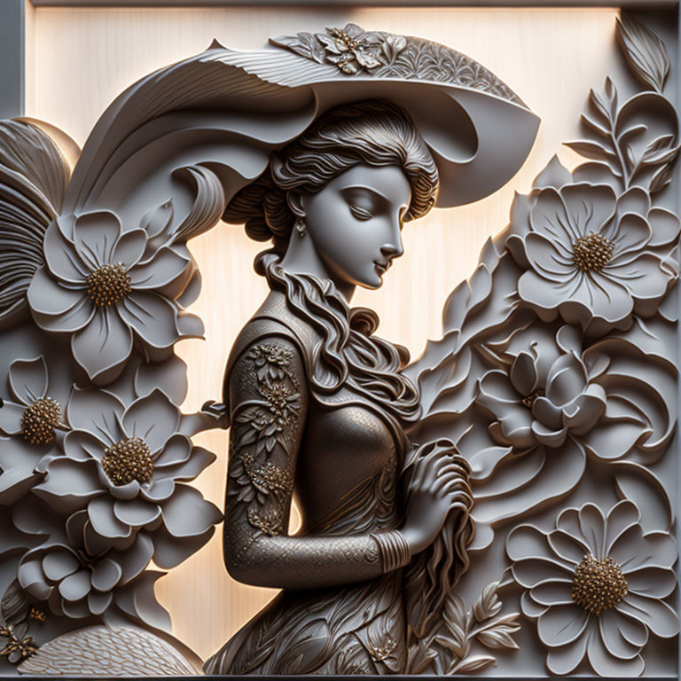 Detailed 3D relief sculpture of woman in decorative hat with large flowers