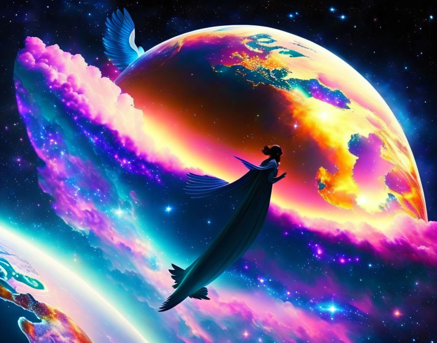 Person in flowing garments against cosmic backdrop with planet and nebulous clouds