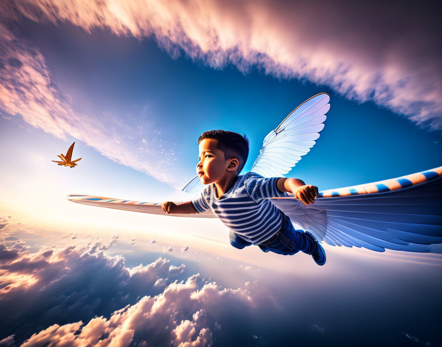 Young boy with wings flying through cloudy sky with bird under warm sun.