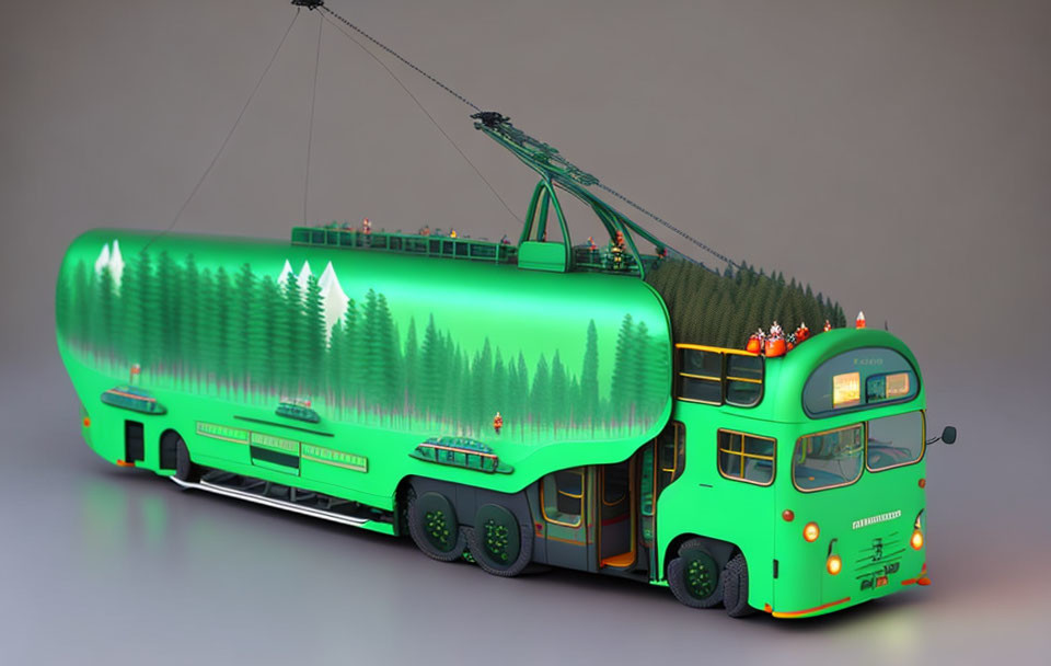 Green double-decker bus with forest-themed wrap and trees on top symbolizing eco-friendly transport