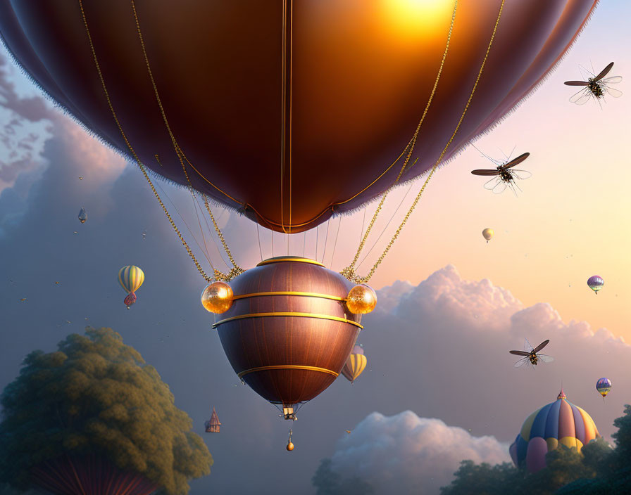 Giant golden hot air balloon with tiny colorful balloons and oversized bees in dreamy sky