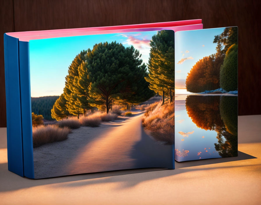 Scenic path, trees, and water at sunset on book cover & spine