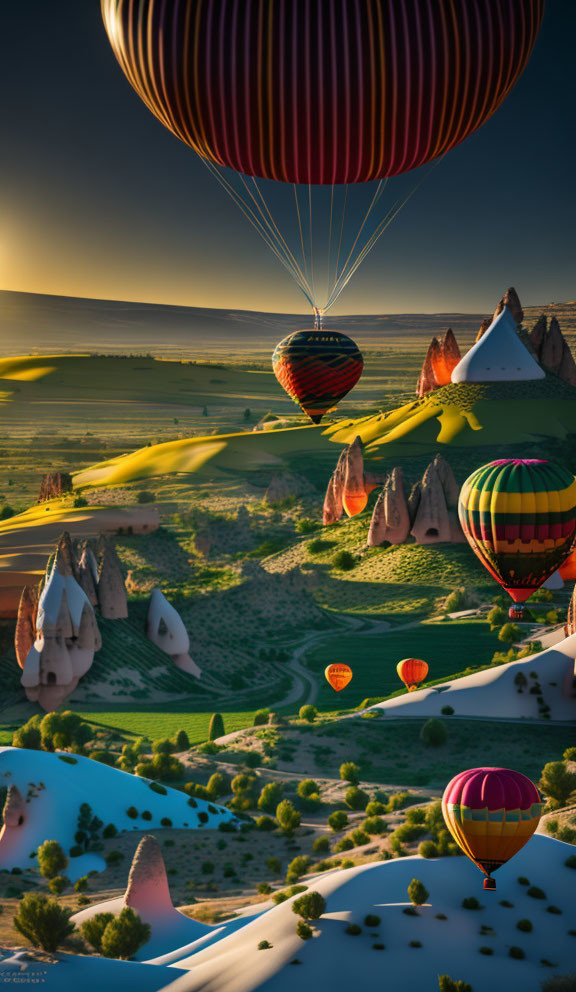 Vibrant hot air balloons over scenic landscape with rock formations at sunrise