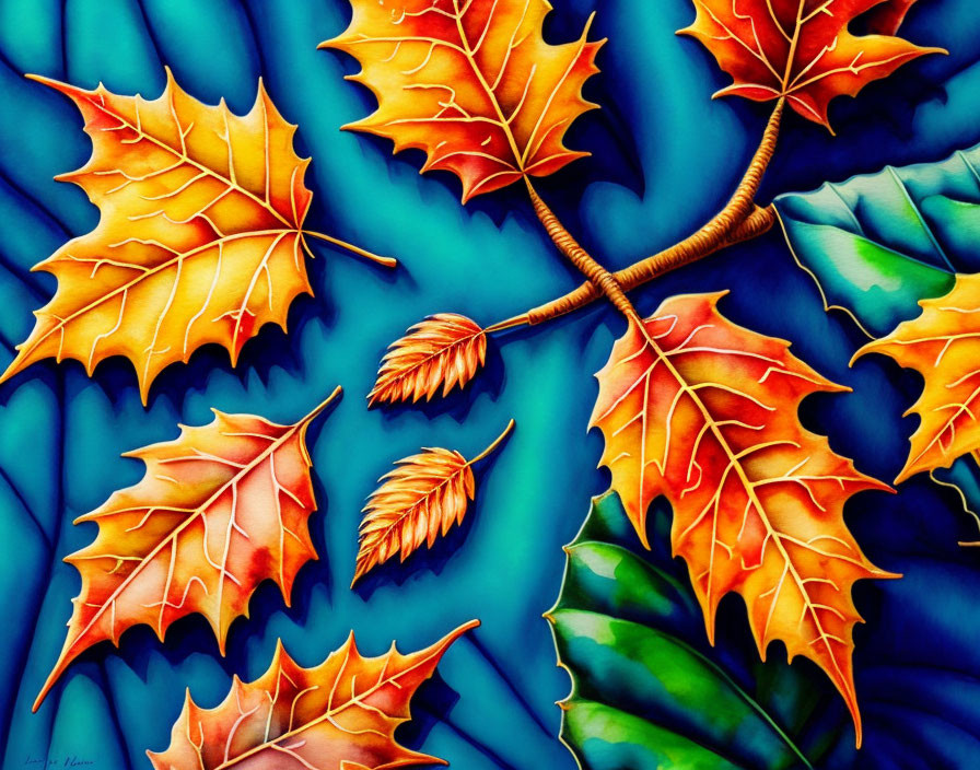 Colorful Autumn Leaves Illustration on Blue Background