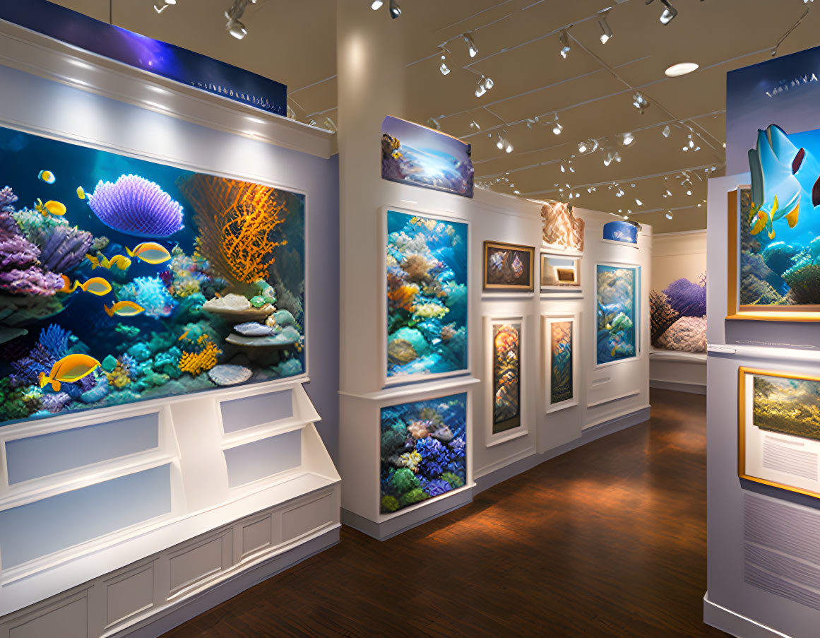 Vibrant Aquarium-Themed Paintings in Art Gallery