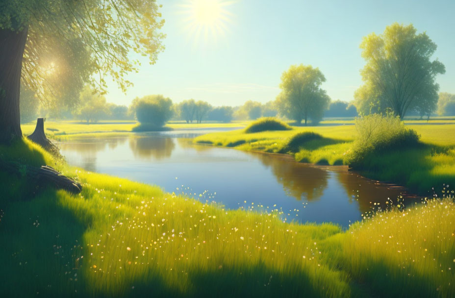 Tranquil river scene with sunbeams, flowering meadows, and lush landscape