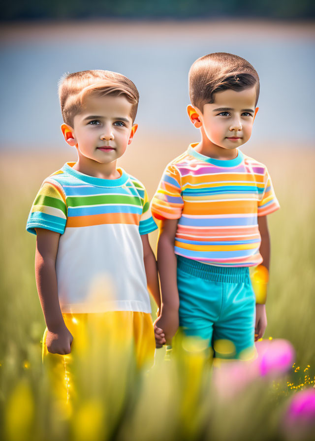 Two boys in colorful outfits in sunny field with greenery.