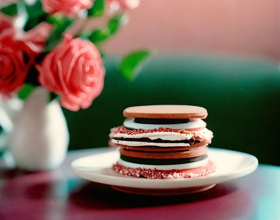 Ice Cream Sandwiches with Red Sprinkles and Pink Roses on White Plate