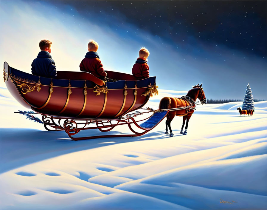 Decorative horse-drawn sleigh with three people in snowy landscape