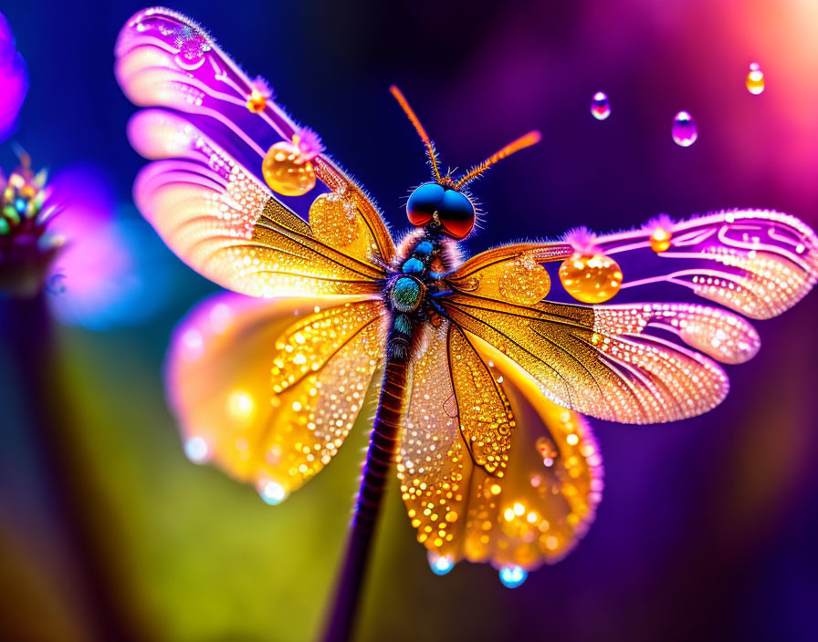 Colorful Dragonfly Close-Up with Translucent Wings and Water Droplets