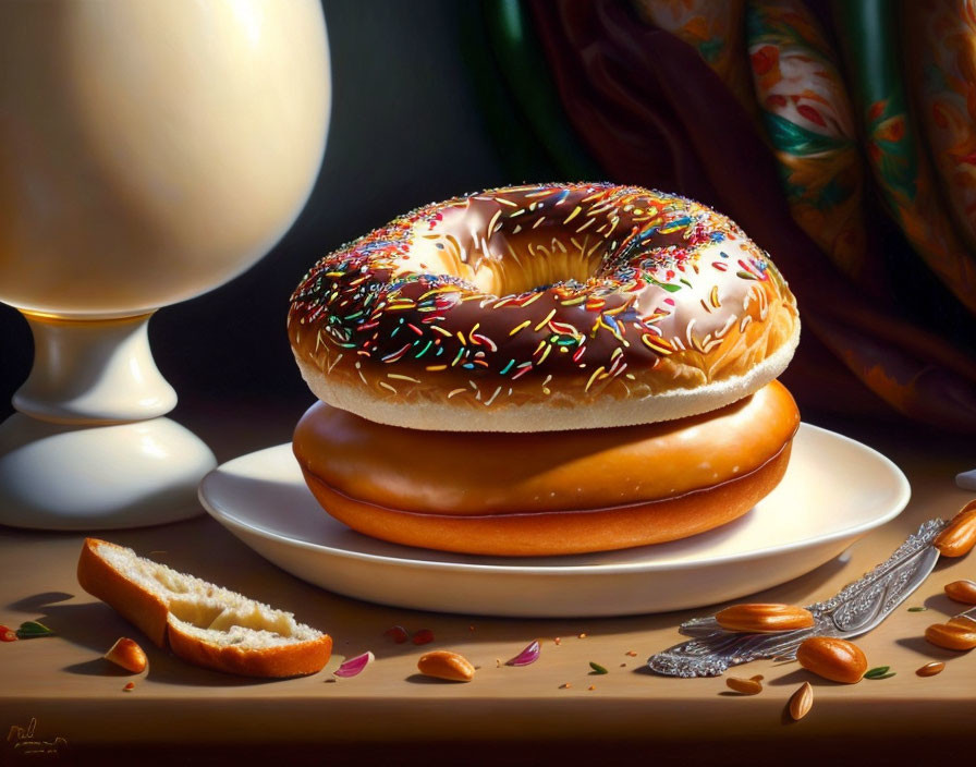 Realistic painting of glazed donut with sprinkles, almonds, and knife.