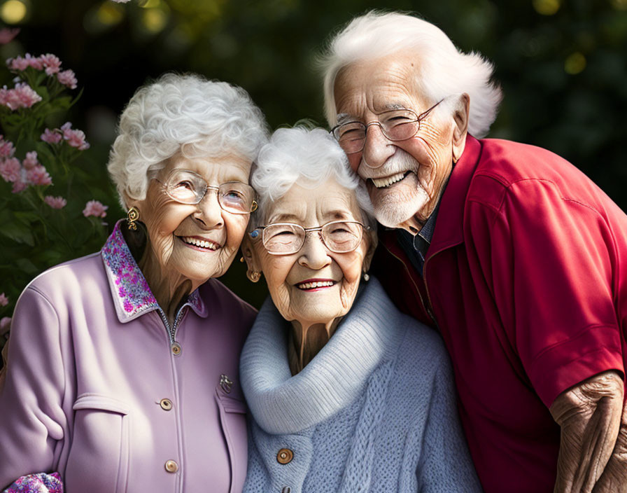 Elderly Trio Embracing in Garden with Flowers