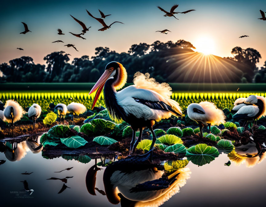 Colorful sunrise scene with storks, ibises, lotus leaves, and flying birds