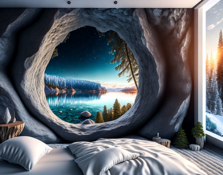 Bedroom with large round window overlooking starlit sky, lake, forest, sunrise