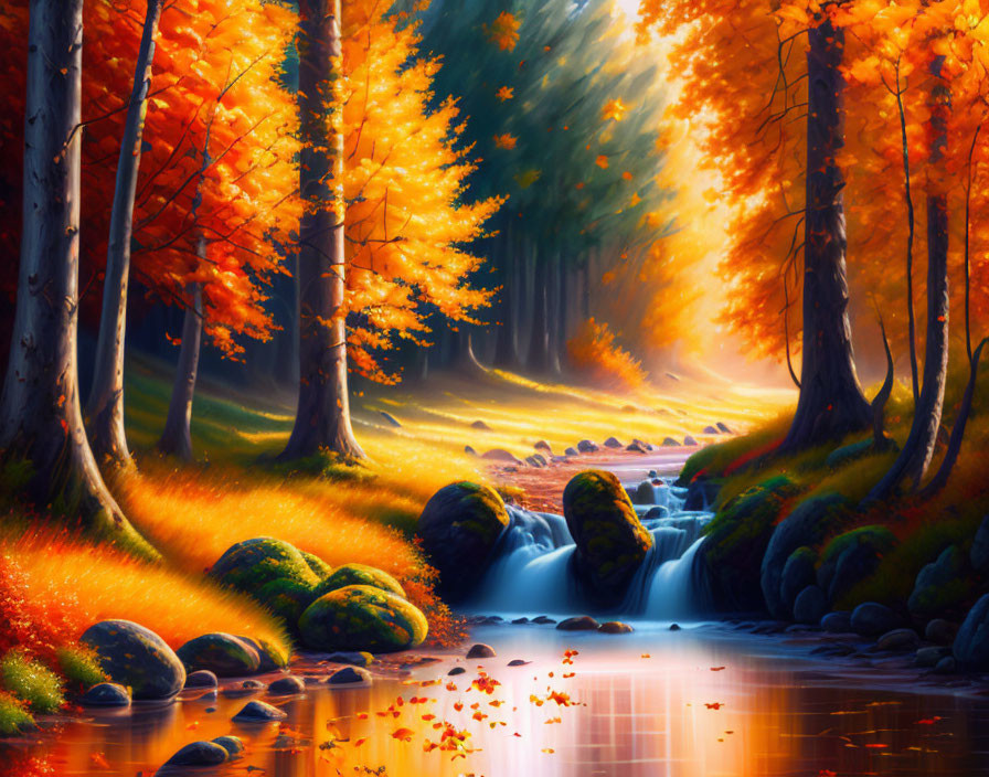 Tranquil autumn forest with colorful foliage, stream, waterfall, and sunbeams