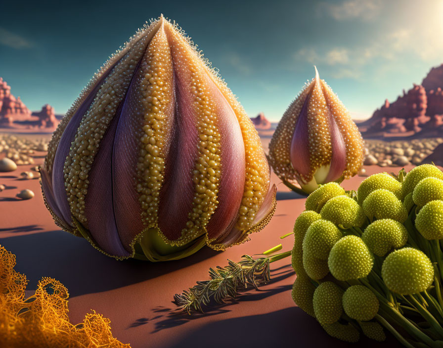 Vibrant fantasy desert landscape with oversized bulbous plants and intricate orange ground foliage