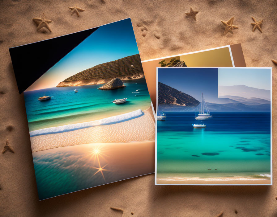 Serene beach scenes with boats on crystal clear water and starfish.