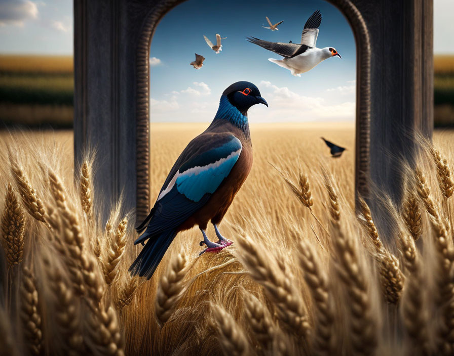 Colorful bird perched in wheat field with flying birds and surreal window frame