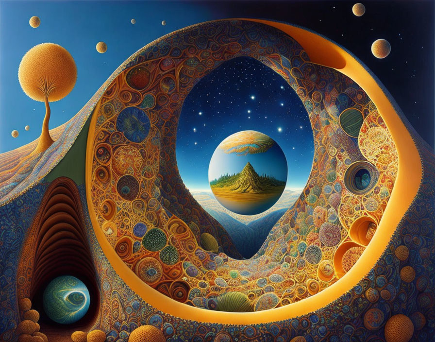 Surreal landscape with swirling portal and cosmic elements