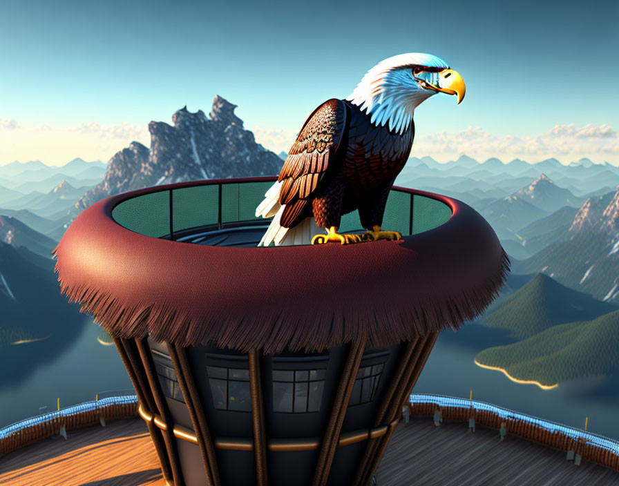 Majestic eagle perched on high observation deck with mountain views