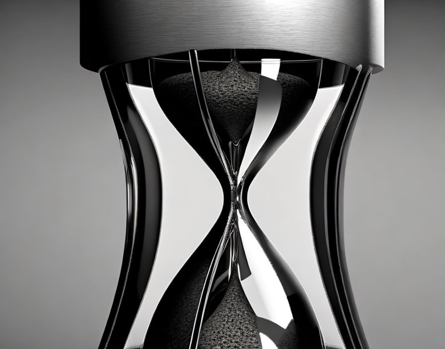 Modern Hourglass with Black Sand and Silver Ends on Reflective Glass Body