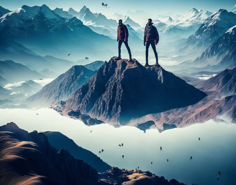 Hikers on mountain pinnacle with majestic peaks, water, and birds