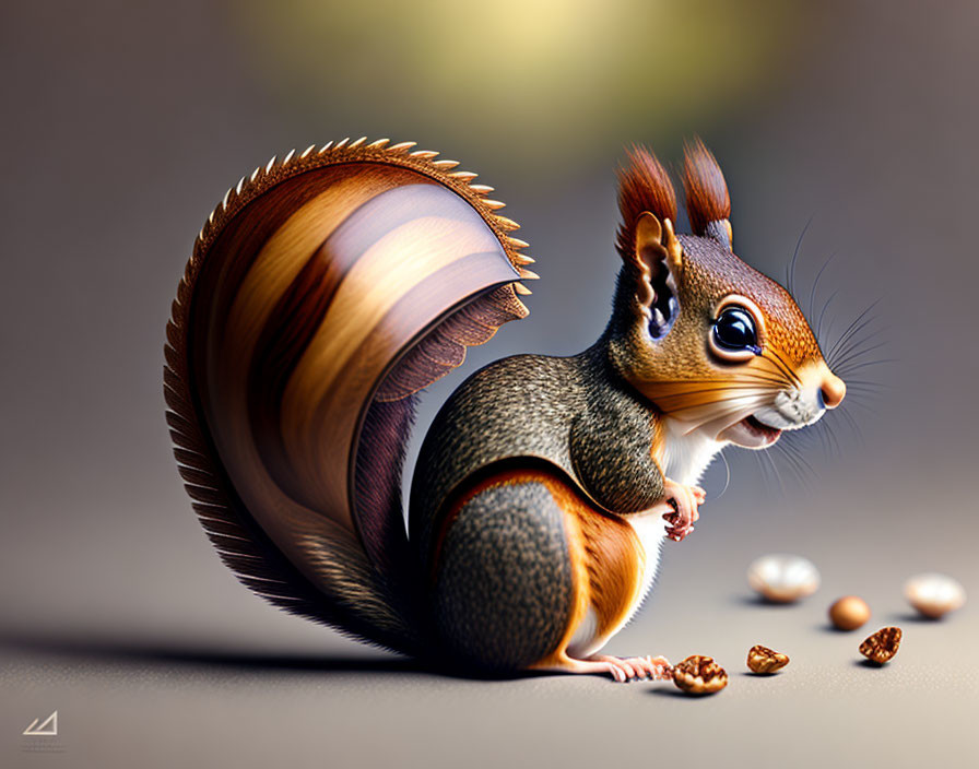 Illustrated squirrel with large bushy tail and glossy coat beside scattered nuts on soft background