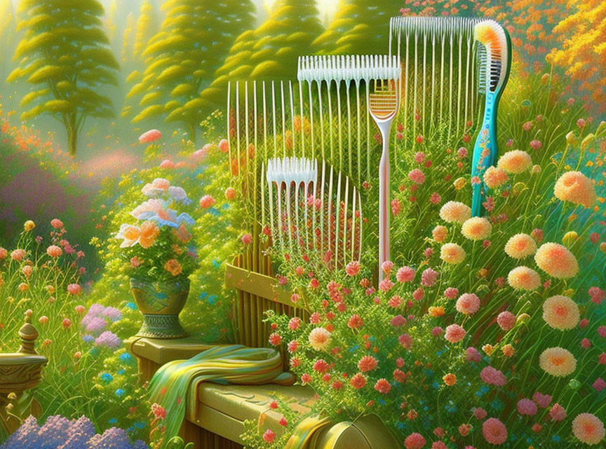 Fantastical garden with oversized combs, colorful flowers, greenery, and urn