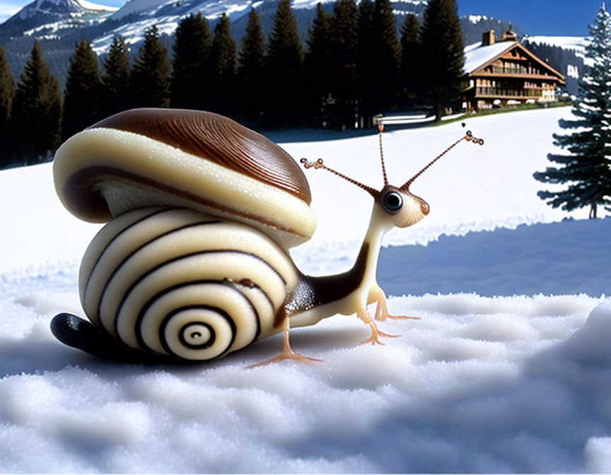 Cartoon snail with spiral shell in snowy landscape.