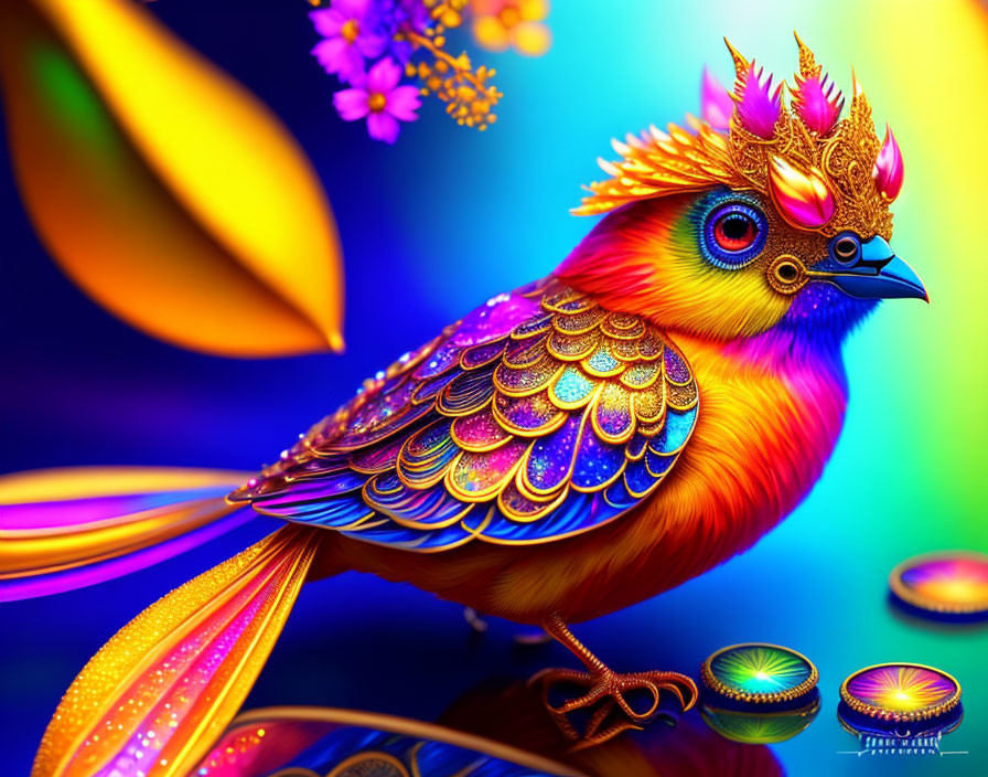 Colorful Bird Illustration with Golden Patterns and Crown Amid Whimsical Flora