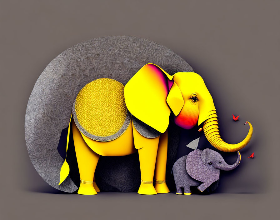 Stylized 3D illustration of large yellow and purple elephant protecting smaller gray elephant with red birds