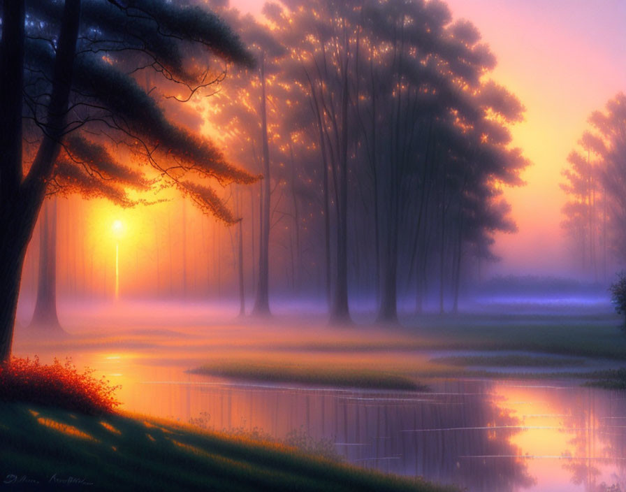 Tranquil sunrise scene with misty trees and serene lake