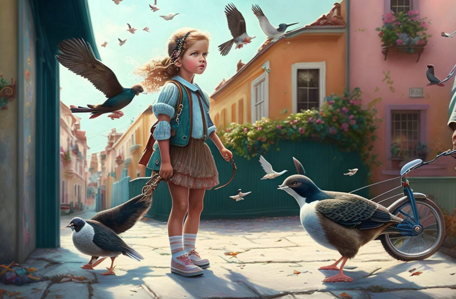 Young girl on cobblestone street with pigeons and bicycle