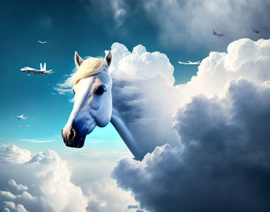 Surreal image: horse head in clouds with airplanes in blue sky