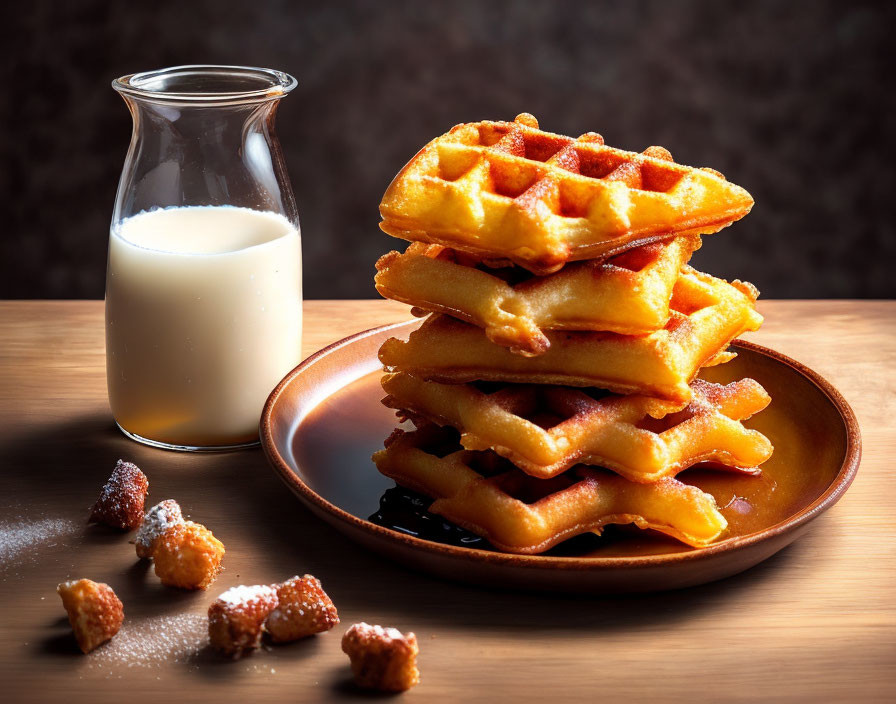 Golden-brown waffles with syrup, brown sugar cubes, and milk on wooden table