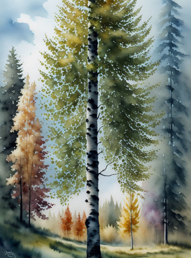 Serene forest watercolor painting with tall autumn trees