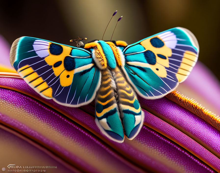 Colorful Butterfly Resting on Striped Purple Plant