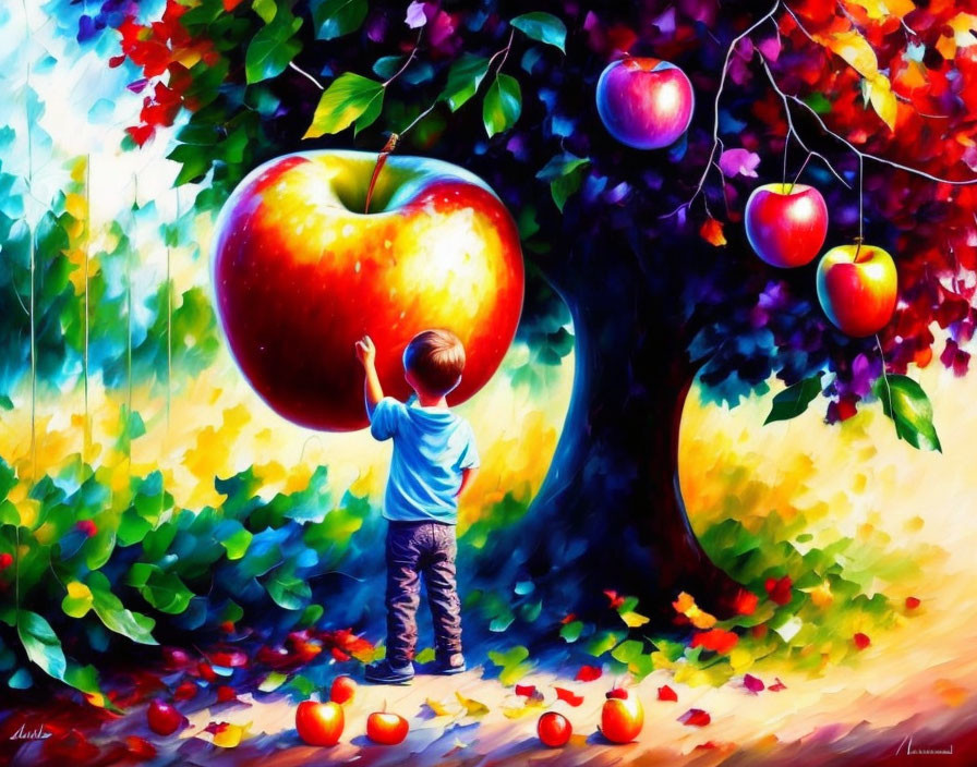 Colorful Painting: Child Reaching for Red Apple in Whimsical Forest