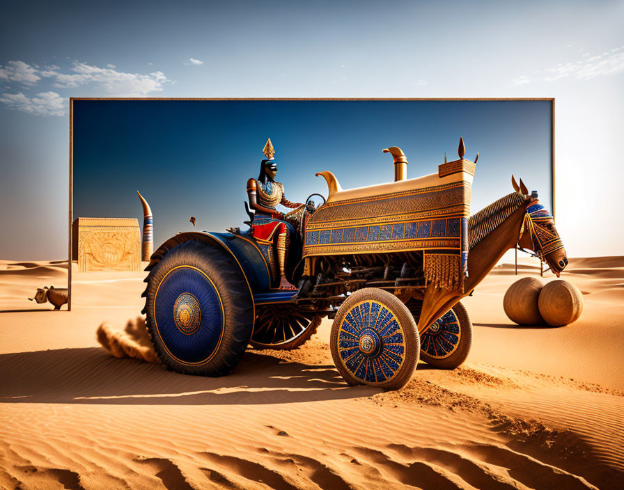 Egyptian Pharaoh in Chariot with Modern Car Wheels in Desert Displayed on Screen