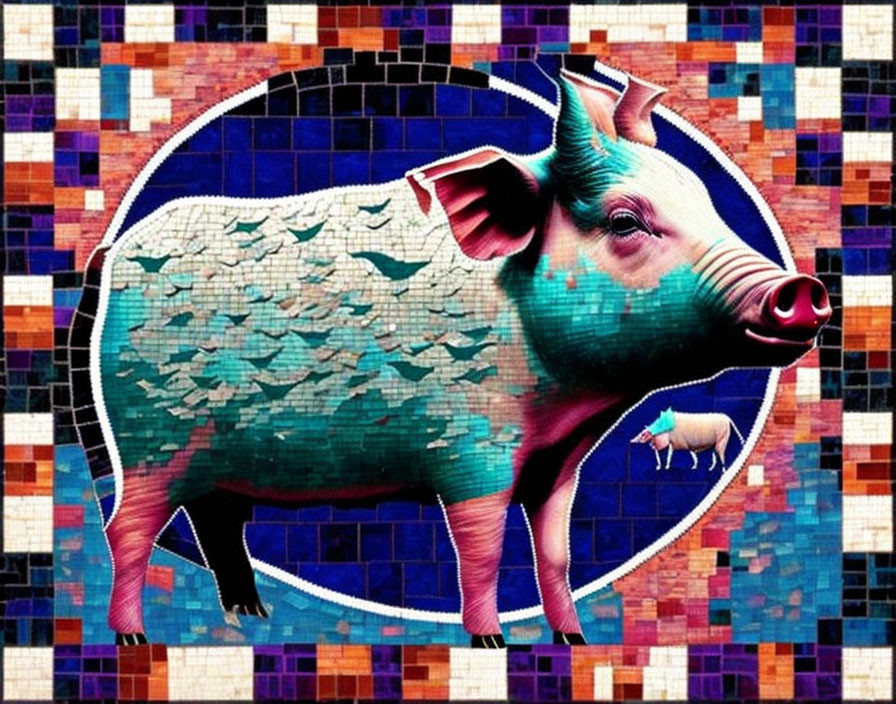 Vibrant digital art: stylized pig with mosaic textures on pixelated backdrop.